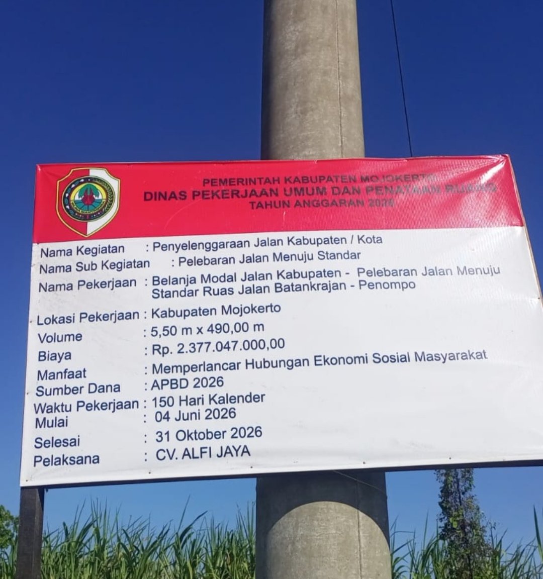 Anggaran Rp2,3 Miliar dari APBD 2026, Pemkab Mojokerto Lebar Jalan Batankrajan-Penompo untuk Dongkrak Ekonomi Warga Anggaran Rp2,3 Miliar dari APBD 2026, Pemkab Mojokerto Lebar Jalan Batankrajan-Penompo untuk Dongkrak Ekonomi Warga